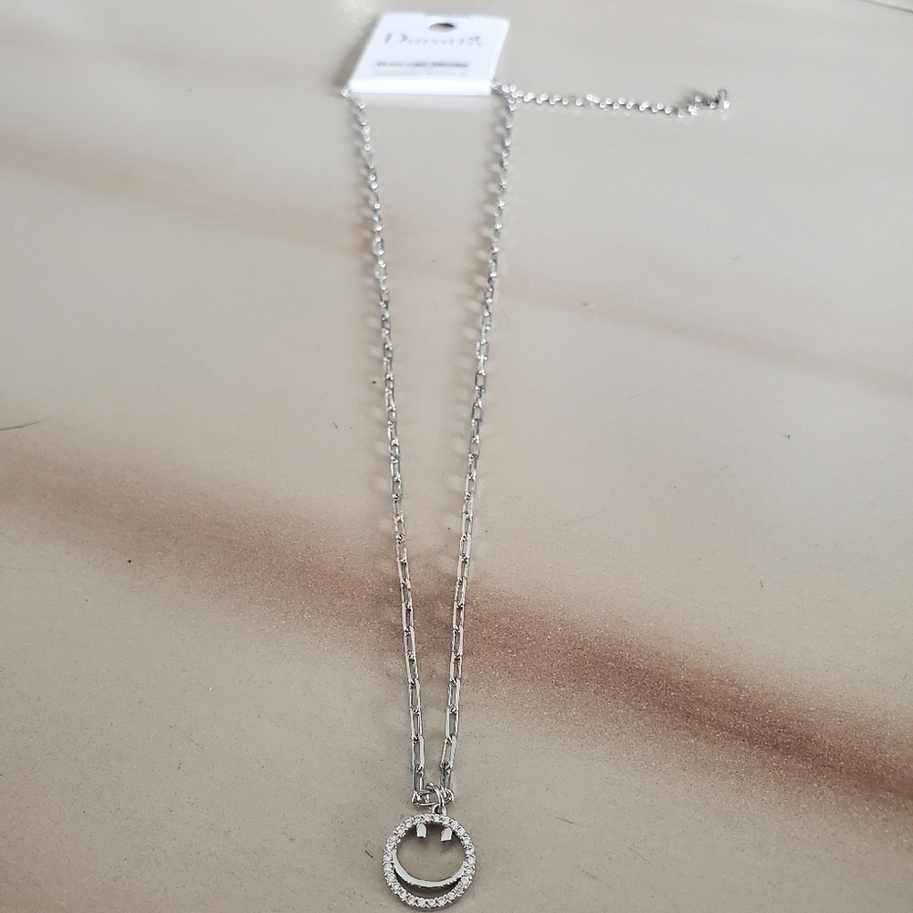 NEW Silver Rhinestone Smiley Brass Metal Necklace